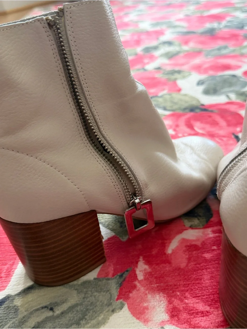 Women's Cream Leather Ankle Boots with Stacked Heel